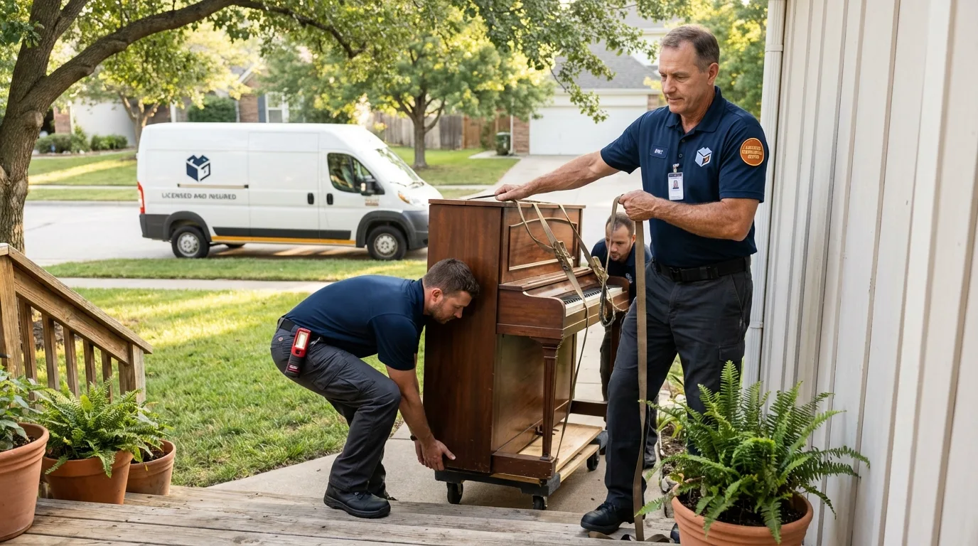Licensed piano movers securing grand piano in Buffalo, NY